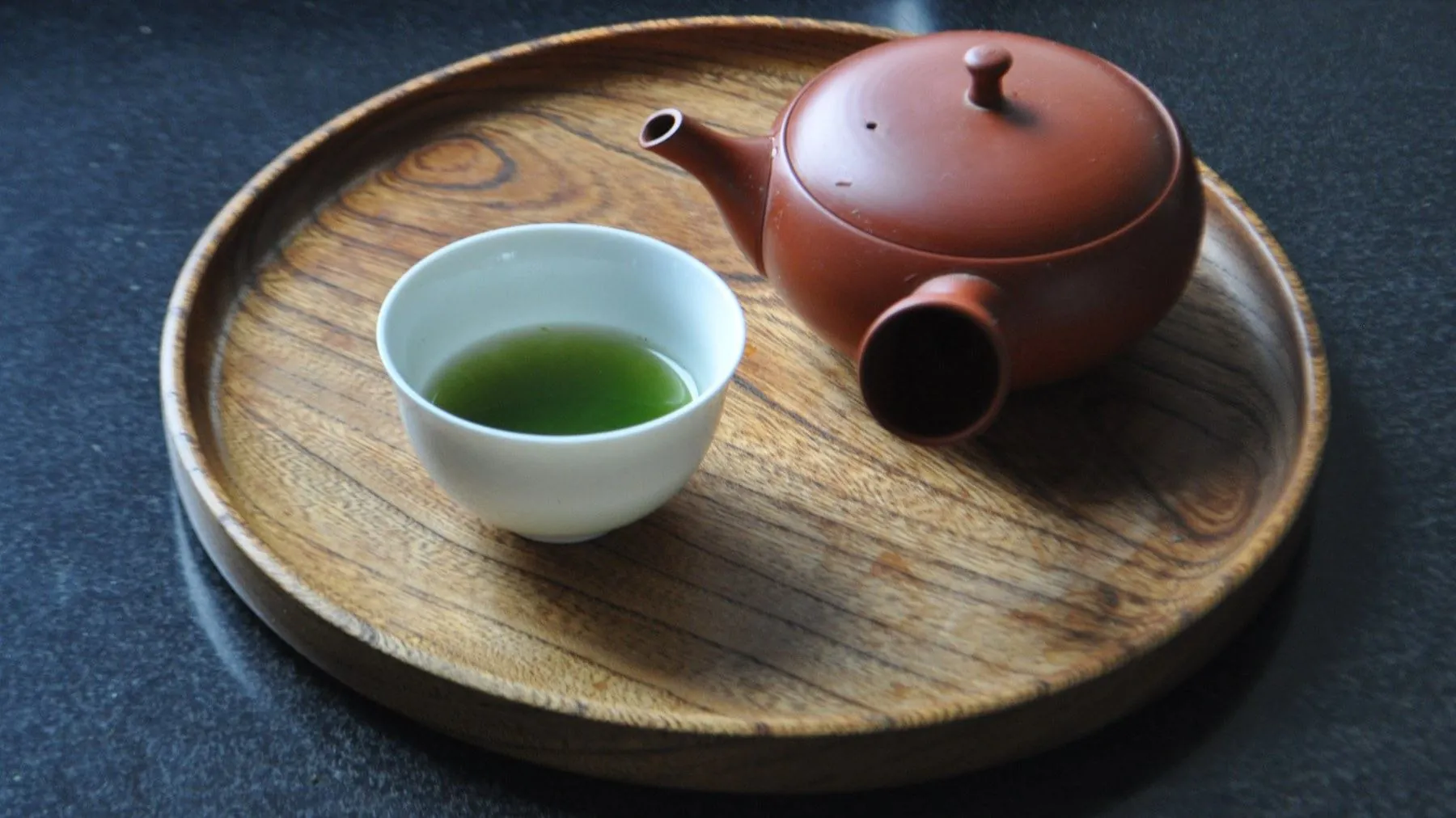Chiran Asatsuyu sencha served — kyusu teapot and porcelain cup on a wooden tray