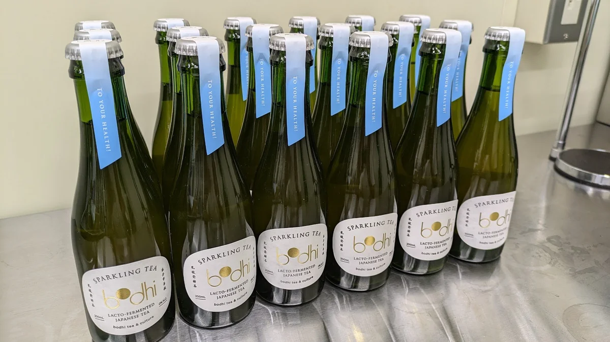 Freshly bottled bodhi with labels and neck collars reading TO YOUR HEALTH — 200ml crown-cap glass bottles at Nagamine Seicha, Yaizu