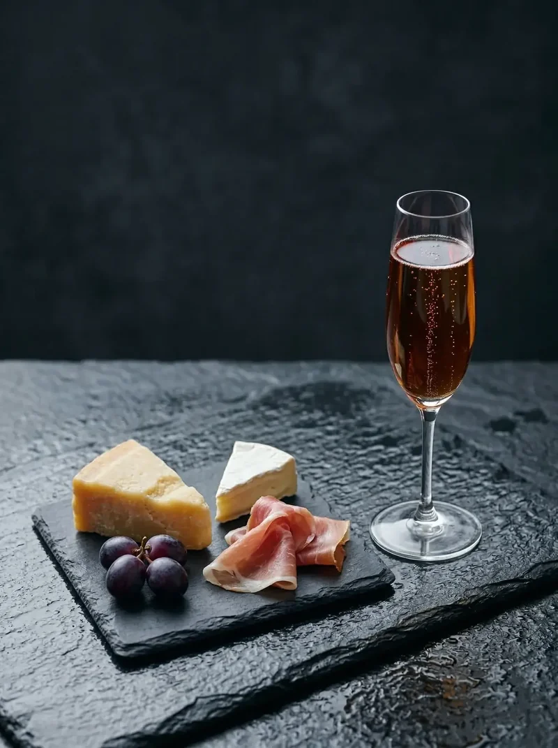 Apple Wakocha sparkling tea with a charcuterie board of cheese, prosciutto and grapes