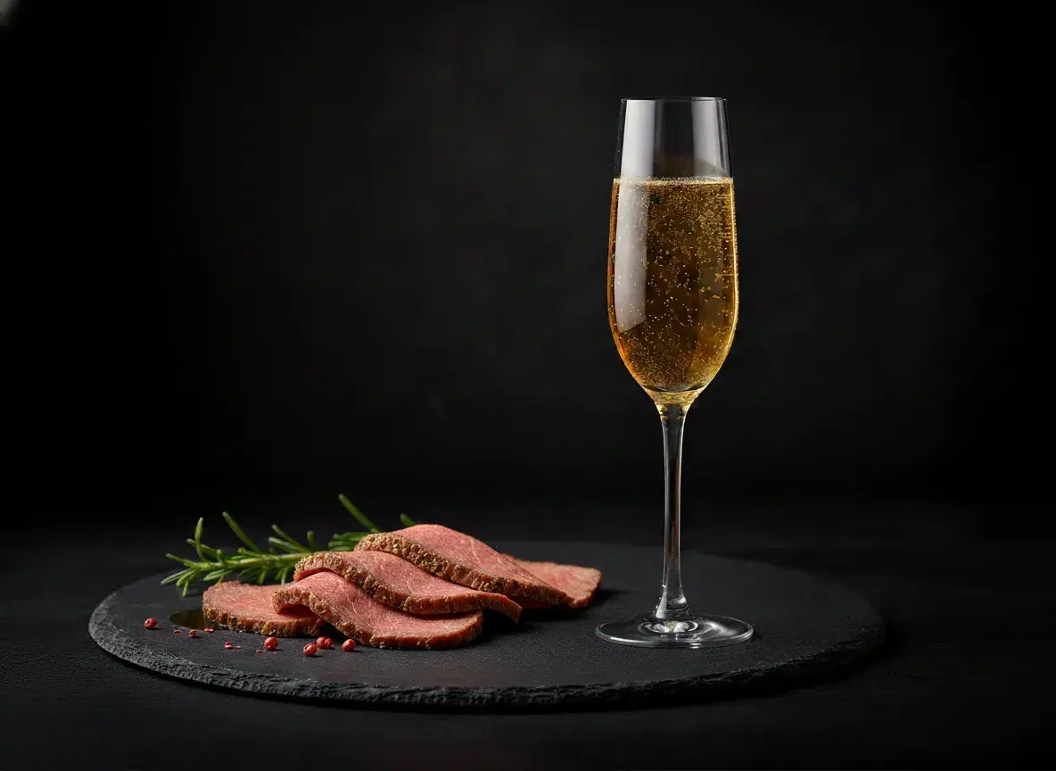 bodhi sparkling tea served in a champagne flute alongside roast beef and rosemary