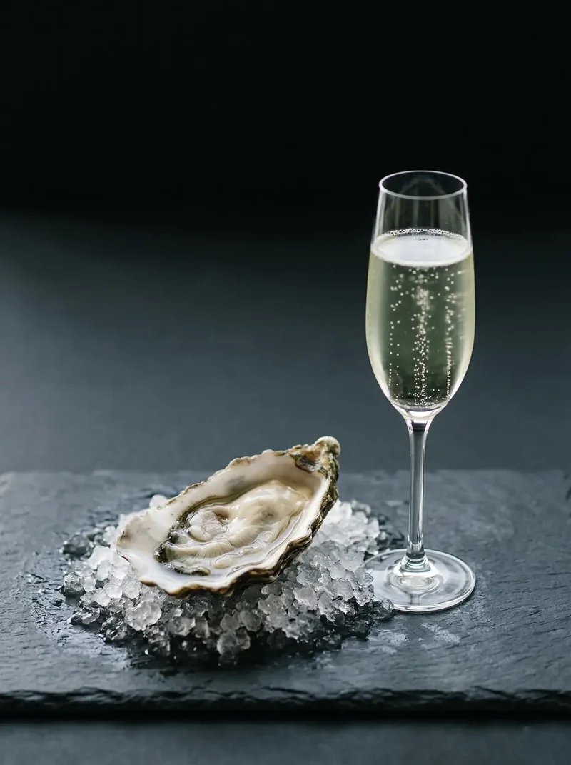 Yuzu Sencha sparkling tea with fresh oyster on ice